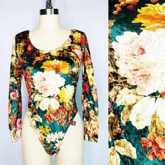 Vintage Tops - Vintage 80s Crushed Velvet Long Sleeve BodySuit
